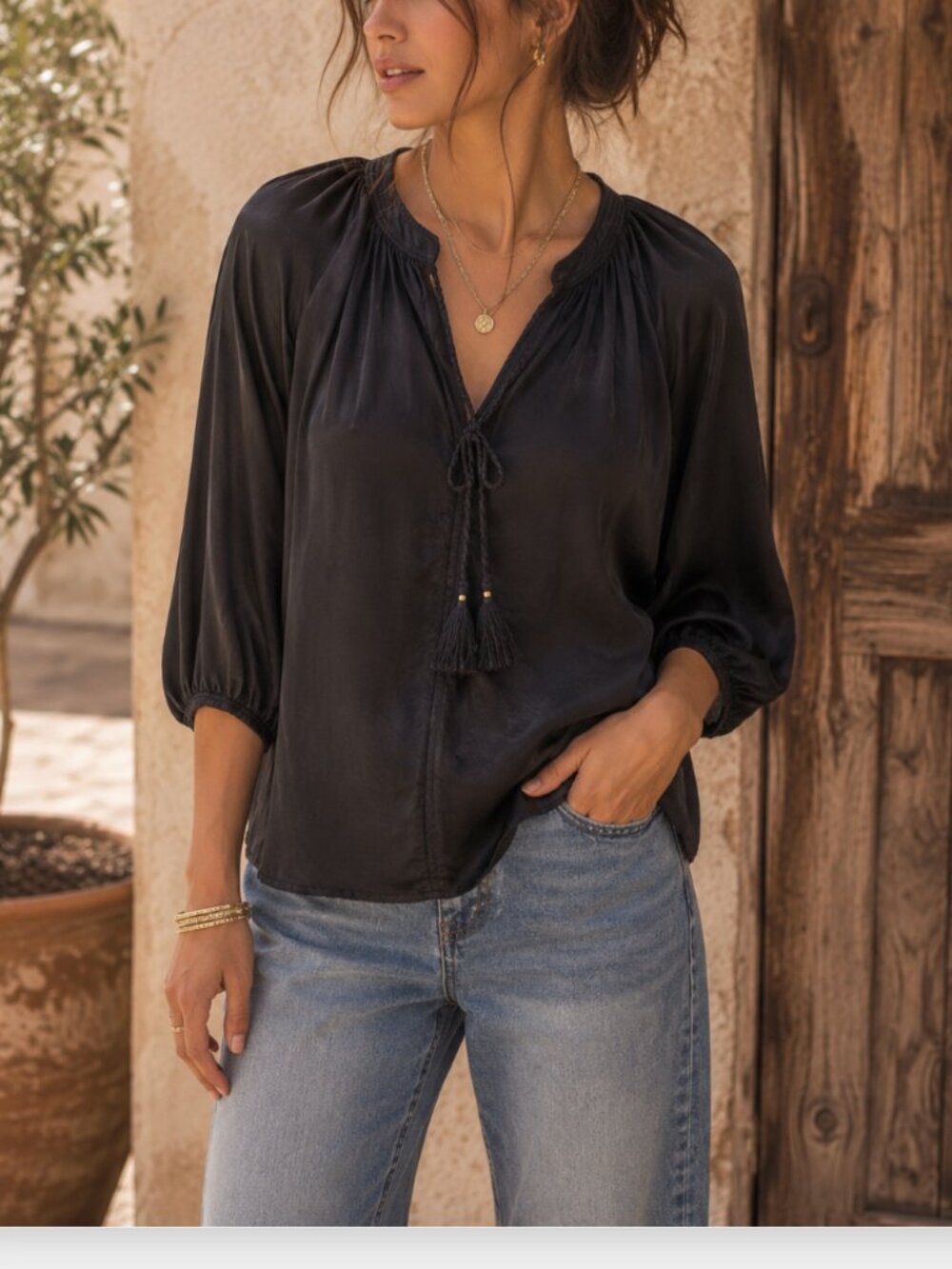Johnny Was Calme Tassel Peasant Blouse NWT Size S Black Boho Designer Top